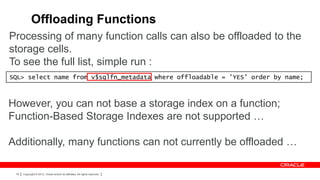 Offloading Functions
Processing of many function calls can also be offloaded to the
storage cells.
To see the full list, simple run :
SQL> select name from v$sqlfn_metadata where offloadable = 'YES' order by name;



However, you can not base a storage index on a function;
Function-Based Storage Indexes are not supported …

Additionally, many functions can not currently be offloaded …

 76   Copyright © 2012, Oracle and/or its affiliates. All rights reserved.
 