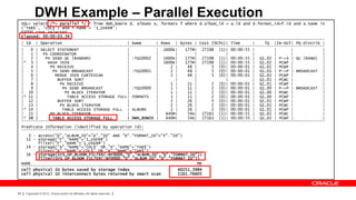 DWH Example – Parallel Execution
     SQL> select /*+ parallel */ * from dwh_bowie d, albums a, formats f where d.album_id = a.id and d.format_id=f.id and a.name in
     ('TAB$', 'COL$') and f.name = 'I_USER#';
     64000 rows selected.
     Elapsed: 00:00:03.34
     ------------------------------------------------------------------------------------------------------------------------------
     | Id | Operation                            | Name      | Rows | Bytes | Cost (%CPU)| Time      |    TQ |IN-OUT| PQ Distrib |
     ------------------------------------------------------------------------------------------------------------------------------
     |   0 | SELECT STATEMENT                    |           | 1600K|    177M| 27198 (1)| 00:00:55 |          |      |            |
     |   1 | PX COORDINATOR                      |           |       |       |            |          |        |      |            |
     |   2 |   PX SEND QC (RANDOM)               | :TQ10002 | 1600K|     177M| 27198 (1)| 00:00:55 | Q1,02 | P->S | QC (RAND) |
     |* 3 |     HASH JOIN                        |           | 1600K|    177M| 27198 (1)| 00:00:55 | Q1,02 | PCWP |               |
     |   4 |     PX RECEIVE                      |           |     2 |    48 |      5 (0)| 00:00:01 | Q1,02 | PCWP |              |
     |   5 |      PX SEND BROADCAST              | :TQ10001 |      2 |    48 |      5 (0)| 00:00:01 | Q1,01 | P->P | BROADCAST |
     |   6 |       MERGE JOIN CARTESIAN          |           |     2 |    48 |      5 (0)| 00:00:01 | Q1,01 | PCWP |              |
     |   7 |        BUFFER SORT                  |           |       |       |            |          | Q1,01 | PCWC |             |
     |   8 |         PX RECEIVE                  |           |     1 |    11 |      2 (0)| 00:00:01 | Q1,01 | PCWP |              |
     |   9 |          PX SEND BROADCAST          | :TQ10000 |      1 |    11 |      2 (0)| 00:00:01 | Q1,00 | P->P | BROADCAST |
     | 10 |            PX BLOCK ITERATOR         |           |     1 |    11 |      2 (0)| 00:00:01 | Q1,00 | PCWC |              |
     |* 11 |            TABLE ACCESS STORAGE FULL| FORMATS   |     1 |    11 |      2 (0)| 00:00:01 | Q1,00 | PCWP |              |
     | 12 |         BUFFER SORT                  |           |     2 |    26 |      3 (0)| 00:00:01 | Q1,01 | PCWP |              |
     | 13 |          PX BLOCK ITERATOR           |           |     2 |    26 |      2 (0)| 00:00:01 | Q1,01 | PCWC |              |
     |* 14 |          TABLE ACCESS STORAGE FULL | ALBUMS     |     2 |    26 |      2 (0)| 00:00:01 | Q1,01 | PCWP |              |
     | 15 |      PX BLOCK ITERATOR               |           |   640M|    54G| 27161 (1)| 00:00:55 | Q1,02 | PCWC |               |
     |* 16 |      TABLE ACCESS STORAGE FULL      | DWH_BOWIE |   640M|    54G| 27161 (1)| 00:00:55 | Q1,02 | PCWP |               |
     ------------------------------------------------------------------------------------------------------------------------------
     Predicate Information (identified by operation id):
     ---------------------------------------------------
        3 - access("D"."ALBUM_ID"="A"."ID" AND "D"."FORMAT_ID"="F"."ID")
       11 - storage("F"."NAME"='I_USER#')
            filter("F"."NAME"='I_USER#')
       14 - storage("A"."NAME"='COL$' OR "A"."NAME"='TAB$')
            filter("A"."NAME"='COL$' OR "A"."NAME"='TAB$')
       16 - storage(SYS_OP_BLOOM_FILTER(:BF0000,"D"."ALBUM_ID","D"."FORMAT_ID"))
            filter(SYS_OP_BLOOM_FILTER(:BF0000,"D"."ALBUM_ID","D"."FORMAT_ID"))
     NAME                                                                     MB
     ---------------------------------------------------------------- ----------
     cell physical IO bytes saved by storage index                    60251.3984
     cell physical IO interconnect bytes returned by smart scan       1161.76605



86    Copyright © 2012, Oracle and/or its affiliates. All rights reserved.
 