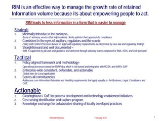 RIM is an effective way to manage the growth rate of retained
Information volume because its about empowering people to ac...