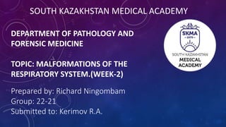 Prepared by: Richard Ningombam
Group: 22-21
Submitted to: Kerimov R.A.
DEPARTMENT OF PATHOLOGY AND
FORENSIC MEDICINE
TOPIC: MALFORMATIONS OF THE
RESPIRATORY SYSTEM.(WEEK-2)
SOUTH KAZAKHSTAN MEDICAL ACADEMY
 