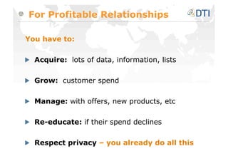 For Profitable Relationships

You have to:


   Acquire: lots of data, information, lists


   Grow: customer spend


   Manage: with offers, new products, etc


   Re-educate: if their spend declines


   Respect privacy – you already do all this
 