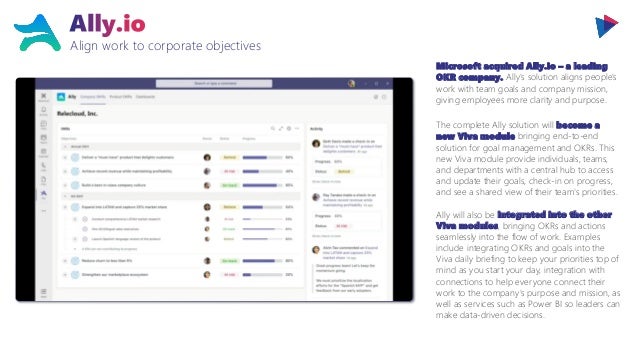 Align work to corporate objectives
Microsoft acquired Ally.io – a leading
OKR company. Ally's solution aligns people's
work with team goals and company mission,
giving employees more clarity and purpose.
The complete Ally solution will become a
new Viva module bringing end-to-end
solution for goal management and OKRs. This
new Viva module provide individuals, teams,
and departments with a central hub to access
and update their goals, check-in on progress,
and see a shared view of their team's priorities.
Ally will also be integrated into the other
Viva modules, bringing OKRs and actions
seamlessly into the flow of work. Examples
include integrating OKRs and goals into the
Viva daily briefing to keep your priorities top of
mind as you start your day, integration with
connections to help everyone connect their
work to the company's purpose and mission, as
well as services such as Power BI so leaders can
make data-driven decisions.
 