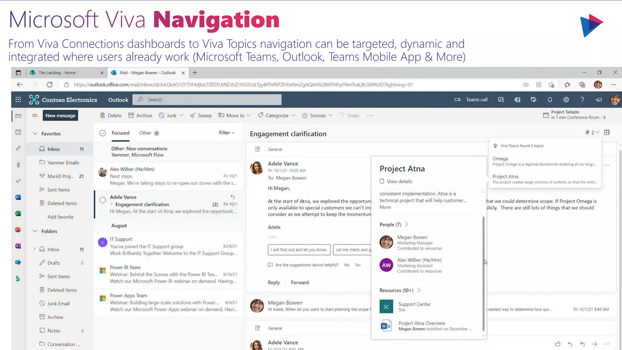 From Viva Connections dashboards to Viva Topics navigation can be targeted, dynamic and
integrated where users already work (Microsoft Teams, Outlook, Teams Mobile App & More)
 