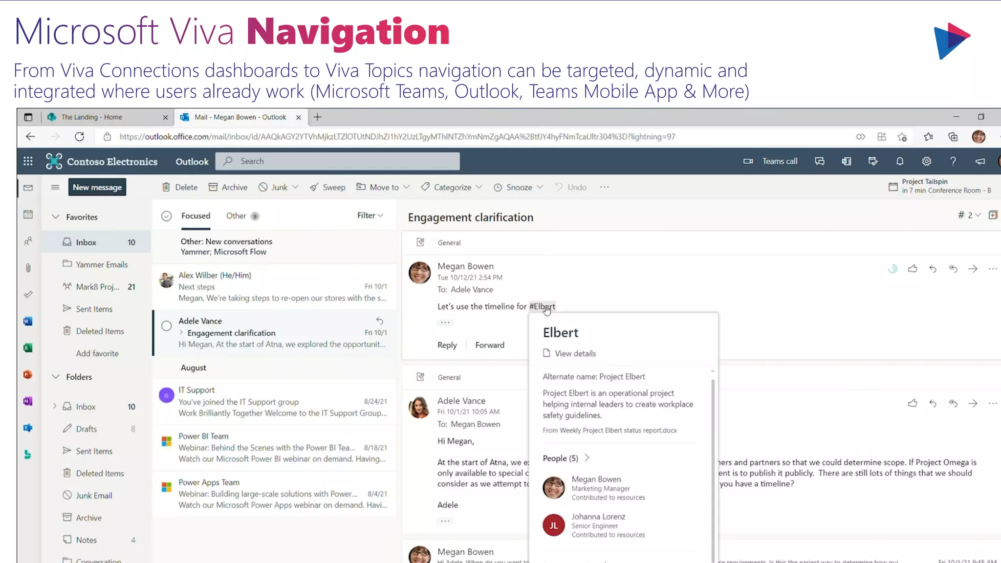 From Viva Connections dashboards to Viva Topics navigation can be targeted, dynamic and
integrated where users already work (Microsoft Teams, Outlook, Teams Mobile App & More)
 