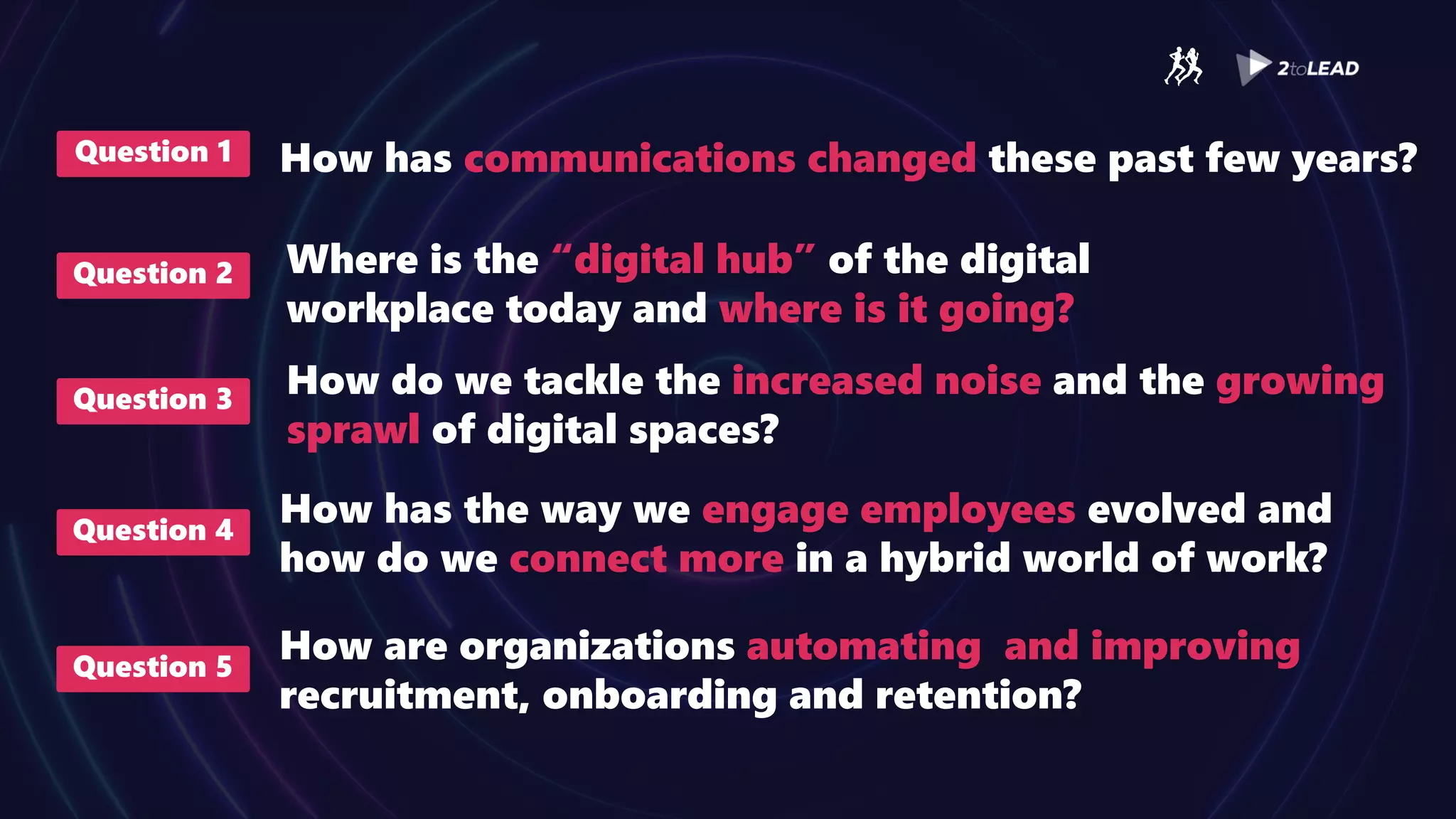 Question 1 How has communications changed these past few years?
Question 2 Where is the “digital hub” of the digital
workplace today and where is it going?
Question 3 How do we tackle the increased noise and the growing
sprawl of digital spaces?
Question 4
How has the way we engage employees evolved and
how do we connect more in a hybrid world of work?
Question 5
How are organizations automating and improving
recruitment, onboarding and retention?
 