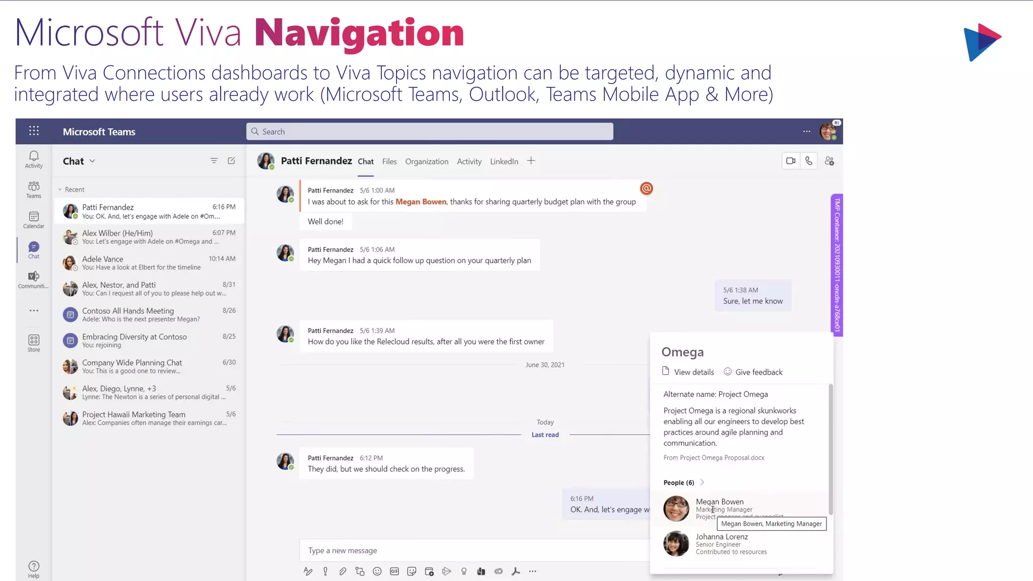 From Viva Connections dashboards to Viva Topics navigation can be targeted, dynamic and
integrated where users already work (Microsoft Teams, Outlook, Teams Mobile App & More)
 
