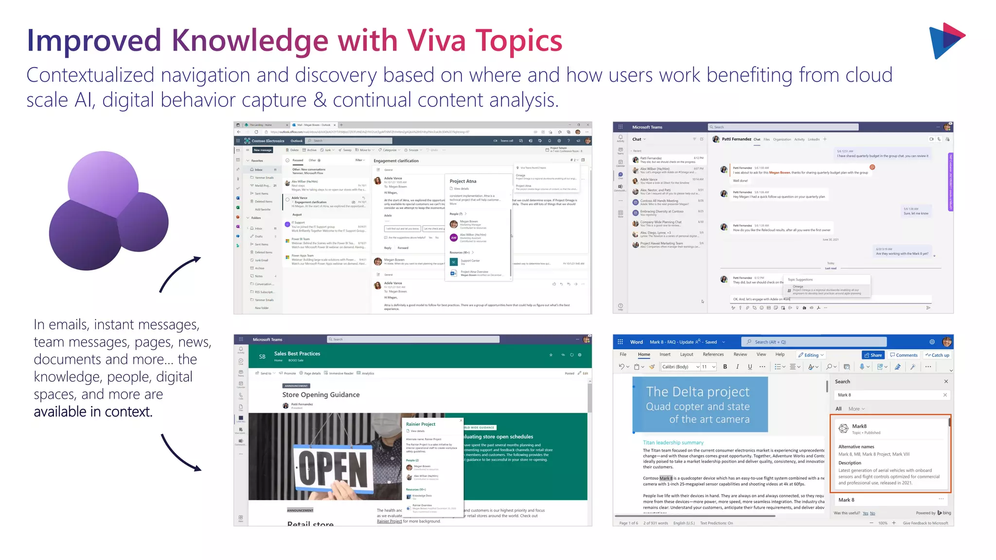You will love the way we work. Together. ™
Contextualized navigation and discovery based on where and how users work benefiting from cloud
scale AI, digital behavior capture & continual content analysis.
In emails, instant messages,
team messages, pages, news,
documents and more… the
knowledge, people, digital
spaces, and more are
available in context.
 