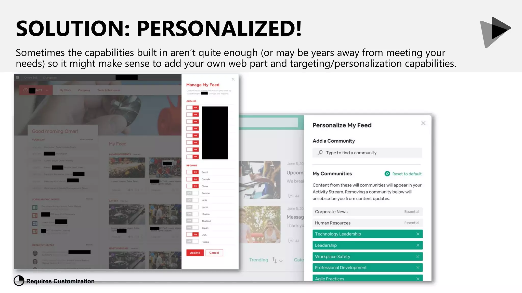 SOLUTION: PERSONALIZED!
Sometimes the capabilities built in aren’t quite enough (or may be years away from meeting your
needs) so it might make sense to add your own web part and targeting/personalization capabilities.
Requires Customization
◔
 