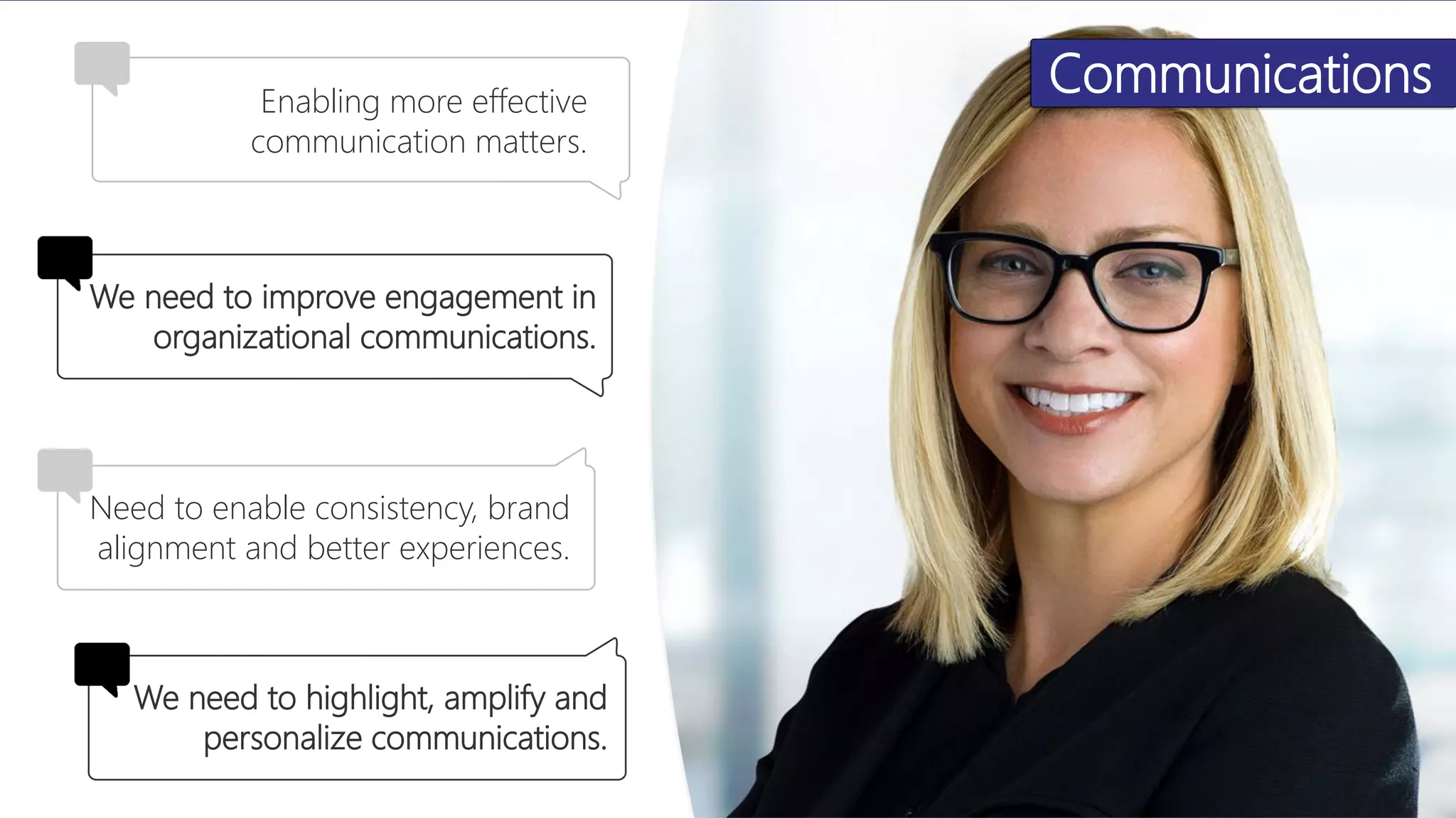 Communications
Enabling more effective
communication matters.
We need to improve engagement in
organizational communications.
Need to enable consistency, brand
alignment and better experiences.
We need to highlight, amplify and
personalize communications.
 