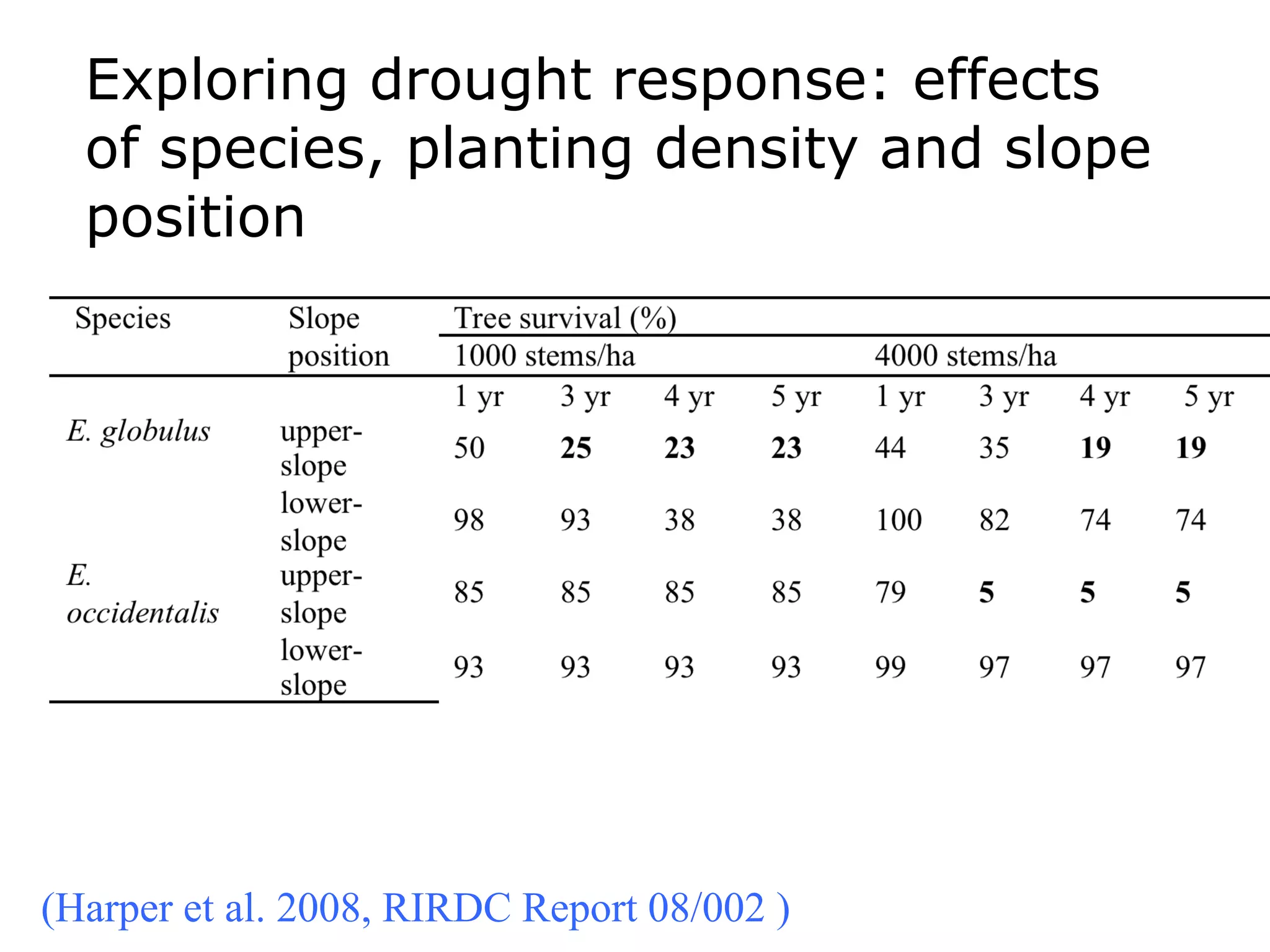 Exploring drought response: effects of species, planting density and slope position (Harper et al. 2008, RIRDC Report 08/002 )