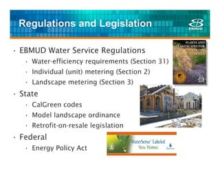 Regulations and Legislation

• EBMUD Water Service Regulations
   • Water-efficiency requirements (Section 31)
   • Individual (unit) metering (Section 2)
   • Landscape metering (Section 3)
• State
   • CalGreen codes
   • Model landscape ordinance
   • Retrofit-on-resale legislation
• Federal
   • Energy Policy Act
 