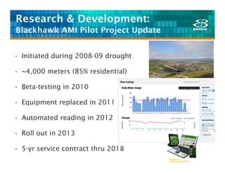 Research & Development:
Blackhawk AMI Pilot Project Update


• Initiated during 2008-09 drought

• ~4,000 meters (85% residential)

• Beta-testing in 2010

• Equipment replaced in 2011

• Automated reading in 2012

• Roll out in 2013

• 5-yr service contract thru 2018
 