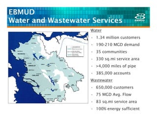 EBMUD
Water and Wastewater Services
                    Water
                    • 1.34 million customers
                    • 190-210 MGD demand
                    • 35 communities
                    • 330 sq.mi service area
                    • >4,000 miles of pipe
                    • 385,000 accounts
                    Wastewater
                    • 650,000 customers
                    • 75 MGD Avg. Flow
                    • 83 sq.mi service area
                    • 100% energy sufficient
 