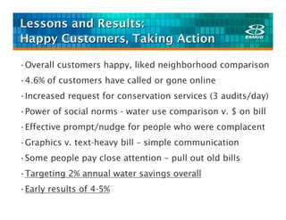Lessons and Results:
Happy Customers, Taking Action

•Overall customers happy, liked neighborhood comparison
•4.6% of customers have called or gone online
•Increased request for conservation services (3 audits/day)
•Power of social norms - water use comparison v. $ on bill
•Effective prompt/nudge for people who were complacent
•Graphics v. text-heavy bill – simple communication
•Some people pay close attention – pull out old bills
•Targeting 2% annual water savings overall
•Early results of 4-5%
 