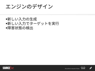 エンジンのデザイン
新しい入力の生成
新しい入力でターゲットを実行
障害状態の検出
 