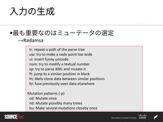 入力の生成
最も重要なのはミューテータの選定
→Radamsa
tr: repeat a path of the parse tree
uw: try to make a code point too wide
ui: insert funny unicode
num: try to modify a textual number
xp: try to parse XML and mutate it
ft: jump to a similar position in block
fn: likely clone data between similar positions
fo: fuse previously seen data elsewhere
Mutation patterns (-p)
od: Mutate once
nd: Mutate possibly many times
bu: Make several mutations closeby once
 