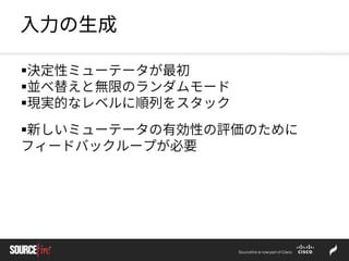 入力の生成
決定性ミューテータが最初
並べ替えと無限のランダムモード
現実的なレベルに順列をスタック
新しいミューテータの有効性の評価のために
フィードバックループが必要
 