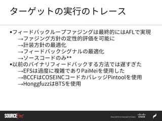 ターゲットの実行のトレース
フィードバックループファジングは最終的にはAFLで実現
→ファジング方針の定性的評価を可能に
→計装方針の最適化
→フィードバックシグナルの最適化
→ソースコードのみ**
以前のバイナリフィードバックする方法では遅すぎた
→EFSは過度に複雑でありPaiMeiを使用した
→BCCFはCOSEINCコードカバレッジPintoolを使用
→HonggfuzzはBTSを使用
 