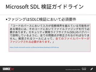 Microsoft SDL 検証ガイドライン
ファジングはSDLC検証において必須要件
「コードのパースにおいて入力が信頼境界を越えている可能性が
ある場合には、そのコードにおいてファイルファジングを行う必
要があります。セキュリティ開発ライフサイクル(SDL)のバグバー
で説明しているように、全ての問題点が修正されなければなりま
せん。推奨されるツールによって、全てのファイルパーサーが
ファジングされる必要があります。」
https://msdn.microsoft.com/en-us/library/windows/desktop/cc307418.asp
 