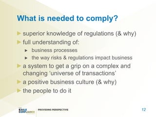 What is needed to comply?
 superior knowledge of regulations (& why)
 full understanding of:
    business processes
    the way risks & regulations impact business
 a system to get a grip on a complex and
 changing ‘universe of transactions’
 a positive business culture (& why)
 the people to do it


                                                  12
 