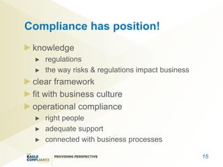 Compliance has position!
 knowledge
    regulations
    the way risks & regulations impact business
 clear framework
 fit with business culture
 operational compliance
    right people
    adequate support
    connected with business processes

                                                  15
 