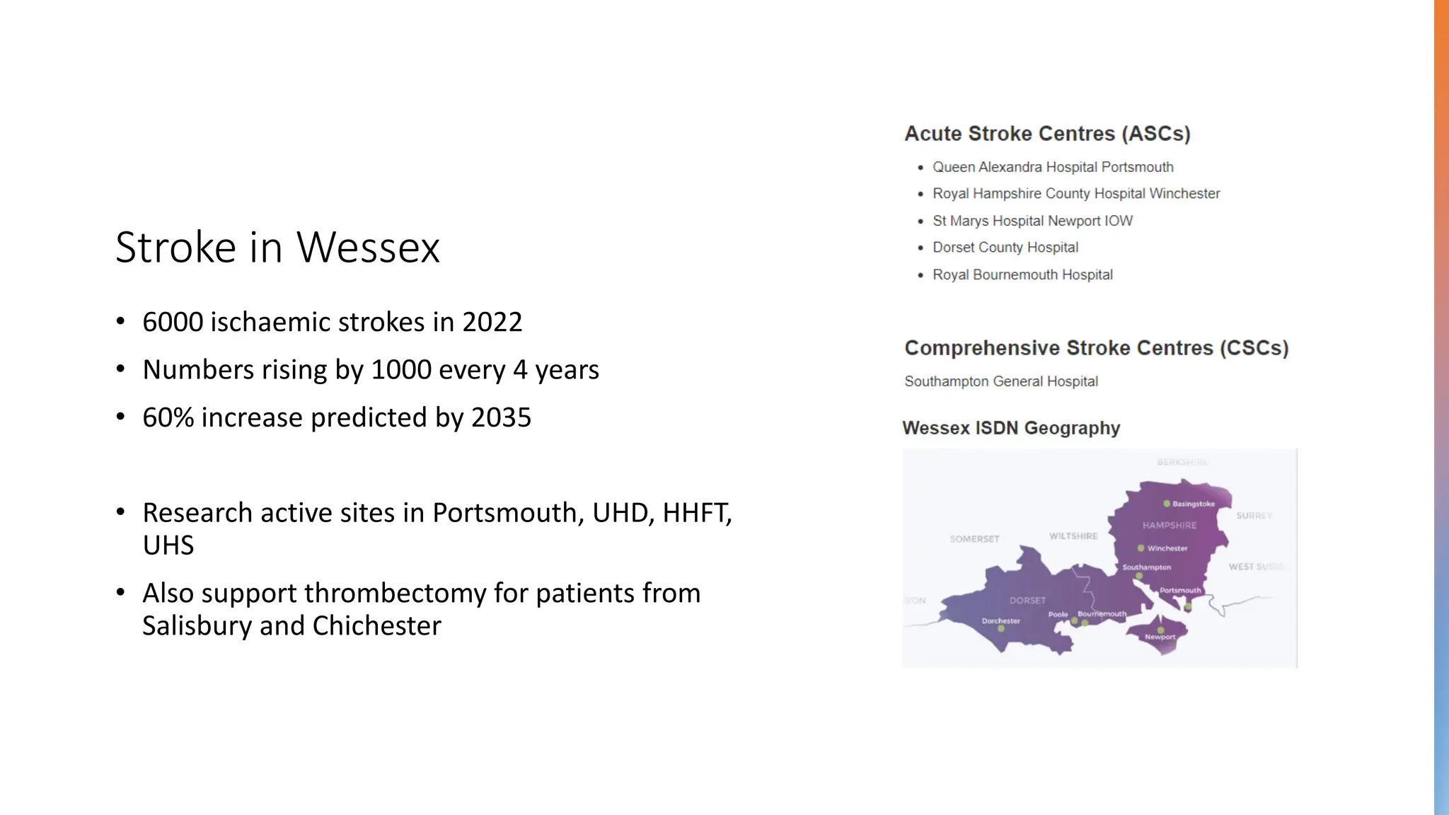 Stroke in Wessex
• 6000 ischaemic strokes in 2022
• Numbers rising by 1000 every 4 years
• 60% increase predicted by 2035
• Research active sites in Portsmouth, UHD, HHFT,
UHS
• Also support thrombectomy for patients from
Salisbury and Chichester
 