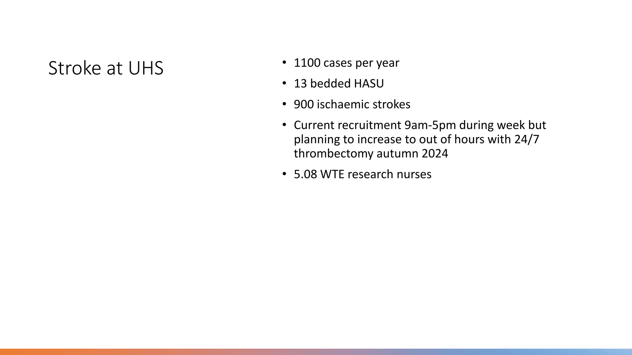 Stroke at UHS • 1100 cases per year
• 13 bedded HASU
• 900 ischaemic strokes
• Current recruitment 9am-5pm during week but
planning to increase to out of hours with 24/7
thrombectomy autumn 2024
• 5.08 WTE research nurses
 