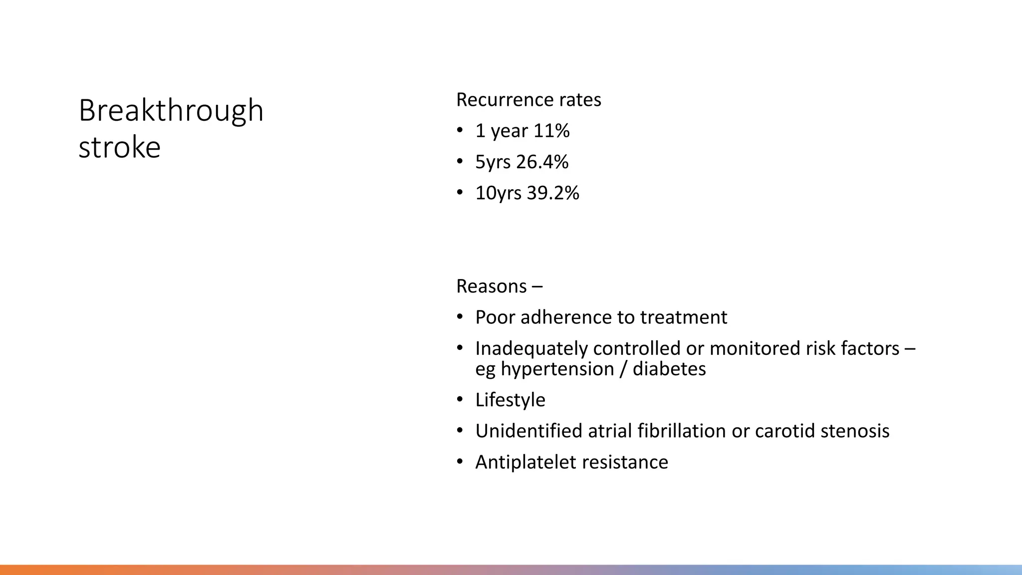 Breakthrough
stroke
Recurrence rates
• 1 year 11%
• 5yrs 26.4%
• 10yrs 39.2%
Reasons –
• Poor adherence to treatment
• Inadequately controlled or monitored risk factors –
eg hypertension / diabetes
• Lifestyle
• Unidentified atrial fibrillation or carotid stenosis
• Antiplatelet resistance
 