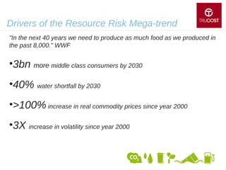 Drivers of the Resource Risk Mega-trend
"In the next 40 years we need to produce as much food as we produced in
the past 8,000." WWF

•3bn more middle class consumers by 2030
•40% water shortfall by 2030
•>100% increase in real commodity prices since year 2000
•3X increase in volatility since year 2000

 