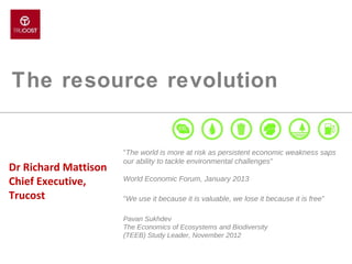 The resource revolution

Dr Richard Mattison
Chief Executive,
Trucost

“The world is more at risk as persistent economic weakness saps
our ability to tackle environmental challenges”
World Economic Forum, January 2013
“We use it because it is valuable, we lose it because it is free”
Pavan Sukhdev
The Economics of Ecosystems and Biodiversity
(TEEB) Study Leader, November 2012

 