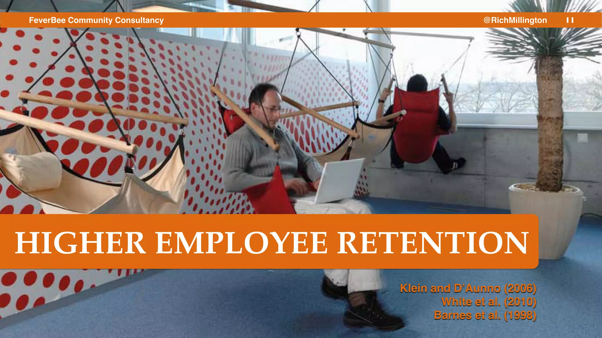 11FeverBee Community Consultancy @RichMillington
HIGHER EMPLOYEE RETENTION
Klein and D’Aunno (2006)!
White et al. (2010)!
Barnes et al. (1998)
 