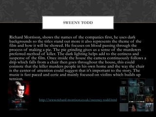 SWEENY TODD

Richard Morrison, shows the names of the companies first, he uses dark
backgrounds so the titles stand out more it also represents the theme of the
film and how it will be showed. He focuses on blood passing through the
process of making a pie. The pie grinding gives us a sense of the murderers
preferred method of killer. The dark lighting helps add to the eeriness and
suspense of the film. Once inside the house the camera continuously follows a
drip which falls from a chair then goes throughout the house, this could
connote that the killer murders people in his own home and the way the chair
is the center of attention could suggest that it’s important to the story. The
music is fast paced and eerie and mainly focused on violins which builds up
tension.

http://www.richard-morrison.co.uk/sweeney-todd.html

 