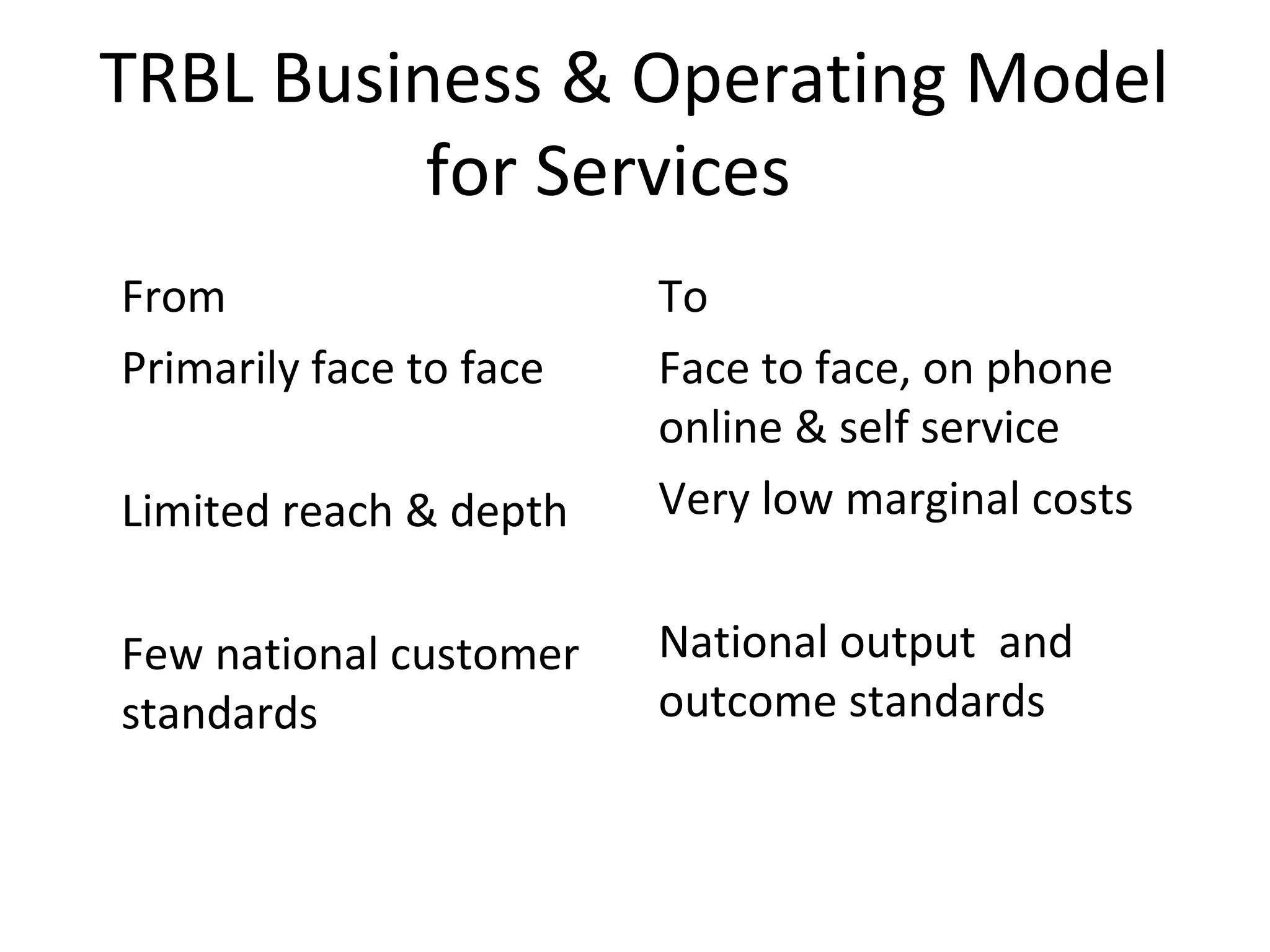 TRBL Business & Operating Model
          for Services
From                     To
Primarily face to face   Face to face, on phone
                         online & self service
Limited reach & depth    Very low marginal costs


Few national customer    National output and
standards                outcome standards
 