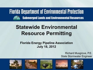 Submerged Lands and Environmental Resources


Statewide Environmental
  Resource Permitting
 Florida Energy Pipeline Association
            July 18, 2012

                                Richard Musgrove, P.E.
                             State Stormwater Engineer
 