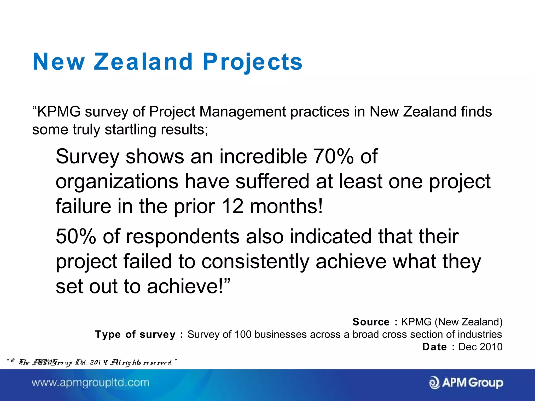 “KPMG survey of Project Management practices in New Zealand finds 
some truly startling results; 
Survey shows an incredible 70% of 
organizations have suffered at least one project 
failure in the prior 12 months! 
50% of respondents also indicated that their 
project failed to consistently achieve what they 
set out to achieve!” 
Source : KPMG (New Zealand) 
Type of survey : Survey of 100 businesses across a broad cross section of industries 
Date : Dec 2010 
New Zealand Projects 
“ © The APM Gro up Ltd. 20 1 4. All rights re se rve d. ” 
 