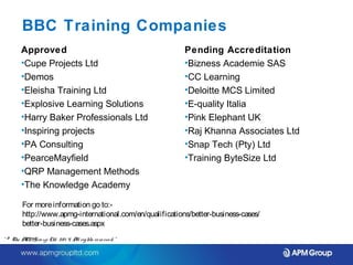 BBC Training Companies 
Approved 
•Cupe Projects Ltd 
•Demos 
•Eleisha Training Ltd 
•Explosive Learning Solutions 
•Harry Baker Professionals Ltd 
•Inspiring projects 
•PA Consulting 
•PearceMayfield 
•QRP Management Methods 
•The Knowledge Academy 
For more information go to:- 
http://www.apmg-international.com/en/qualifications/better-business-cases/ 
better-business-cases.aspx 
“ © The APM Gro up Ltd. 20 1 4. All rights re se rve d. ” 
Pending Accreditation 
•Bizness Academie SAS 
•CC Learning 
•Deloitte MCS Limited 
•E-quality Italia 
•Pink Elephant UK 
•Raj Khanna Associates Ltd 
•Snap Tech (Pty) Ltd 
•Training ByteSize Ltd 
 