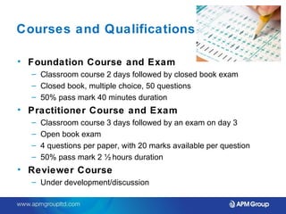 Courses and Qualifications 
• Foundation Course and Exam 
– Classroom course 2 days followed by closed book exam 
– Closed book, multiple choice, 50 questions 
– 50% pass mark 40 minutes duration 
• Practitioner Course and Exam 
– Classroom course 3 days followed by an exam on day 3 
– Open book exam 
– 4 questions per paper, with 20 marks available per question 
– 50% pass mark 2 ½ hours duration 
• Reviewer Course 
– Under development/discussion 
 