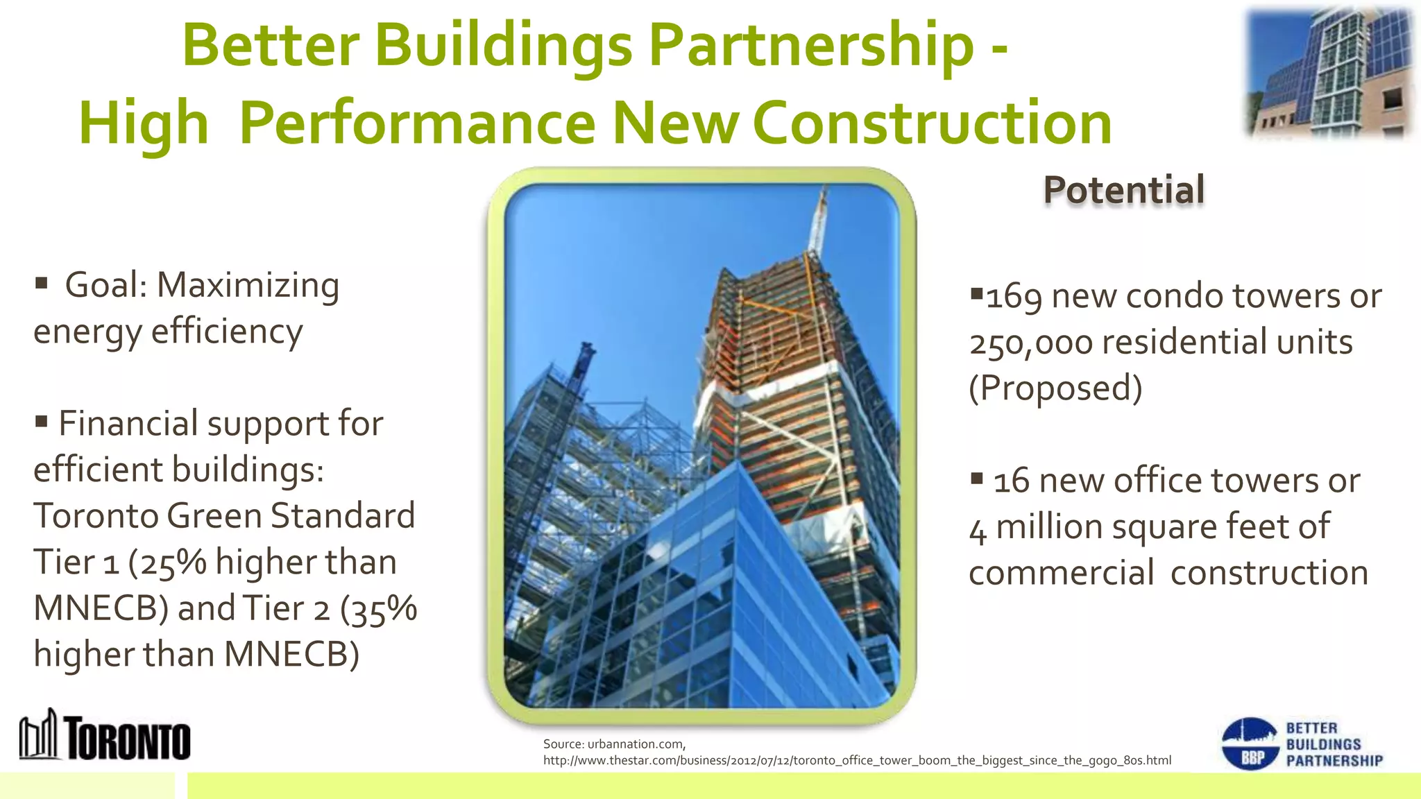 Better Buildings Partnership -
  High Performance New Construction
                                                                                                            Potential

 Goal: Maximizing                                                                              169 new condo towers or
energy efficiency                                                                               250,000 residential units
                                                                                                (Proposed)
 Financial support for
efficient buildings:                                                                             16 new office towers or
Toronto Green Standard                                                                          4 million square feet of
Tier 1 (25% higher than                                                                         commercial construction
MNECB) and Tier 2 (35%
higher than MNECB)

                          Source: urbannation.com,
                          http://www.thestar.com/business/2012/07/12/toronto_office_tower_boom_the_biggest_since_the_gogo_80s.html
 
