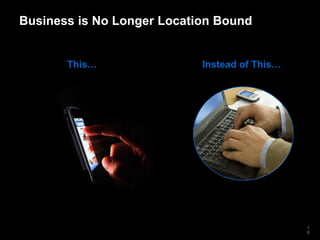 Business is No Longer Location Bound


       This…                Instead of This…




                                               1
                                               0
 