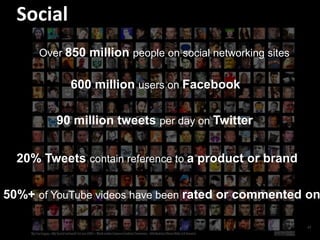 Social
      Over 850 million people on social networking sites


            600 million users on Facebook
                      600 million users on

         90 million tweets per day on Twitter


  20% Tweets contain reference to a product or brand

50%+ of YouTube videos have been rated or commented on

                                                           17
 