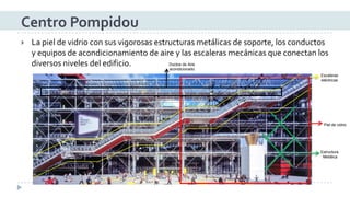 La piel de vidrio con sus vigorosas estructuras metálicas de soporte, los conductos y equipos de acondicionamiento de aire y las escaleras mecánicas que conectan los diversos niveles del edificio. 
Centro Pompidou 
Escaleras eléctricas 
Piel de vidrioEstructuraMetálica 
Ductos de Aire 
acondicionado  