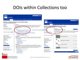 http://archaeologydataservice.ac.uk
DOIs within Collections too
 