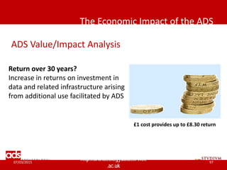 The Economic Impact of the ADS
07/03/2015
http://archaeologydataservice
.ac.uk
97
Return over 30 years?
Increase in returns on investment in
data and related infrastructure arising
from additional use facilitated by ADS
ADS Value/Impact Analysis
£1 cost provides up to £8.30 return
 