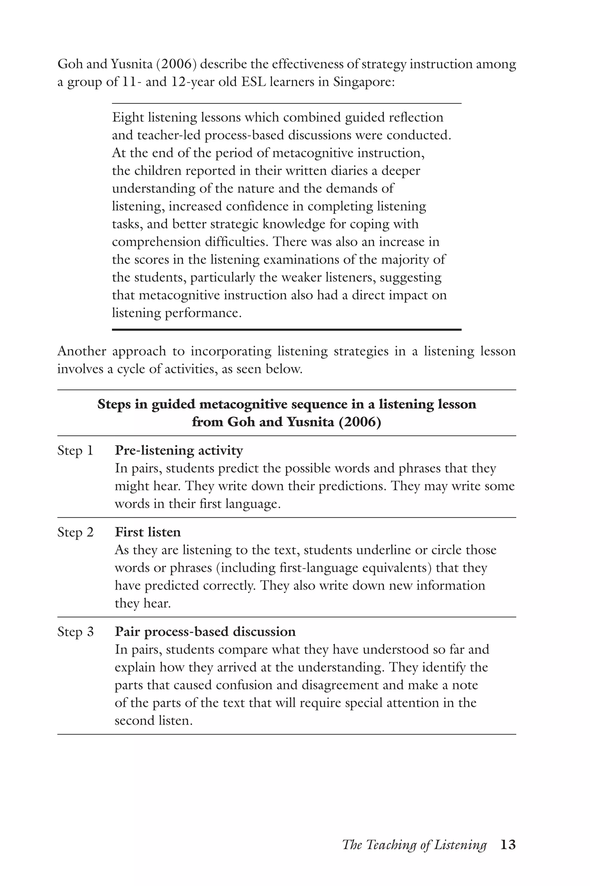 The Teaching of Listening  13
Goh and Yusnita (2006) describe the effectiveness of strategy instruction among
a group of 11- and 12-year old ESL learners in Singapore:
Eight listening lessons which combined guided reflection
and teacher-led process-based discussions were conducted.
At the end of the period of metacognitive instruction,
the children reported in their written diaries a deeper
understanding of the nature and the demands of
listening, increased confidence in completing listening
tasks, and better strategic knowledge for coping with
comprehension difficulties. There was also an increase in
the scores in the listening examinations of the majority of
the students, particularly the weaker listeners, suggesting
that metacognitive instruction also had a direct impact on
listening performance.
Another approach to incorporating listening strategies in a listening lesson
involves a cycle of activities, as seen below.
Steps in guided metacognitive sequence in a listening lesson
from Goh and Yusnita (2006)
Step 1 Pre-listening activity
In pairs, students predict the possible words and phrases that they
might hear. They write down their predictions. They may write some
words in their first language.
Step 2 First listen
As they are listening to the text, students underline or circle those
words or phrases (including first-language equivalents) that they
have predicted correctly. They also write down new information
they hear.
Step 3 Pair process-based discussion
In pairs, students compare what they have understood so far and
explain how they arrived at the understanding. They identify the
parts that caused confusion and disagreement and make a note
of the parts of the text that will require special attention in the
second listen.
 