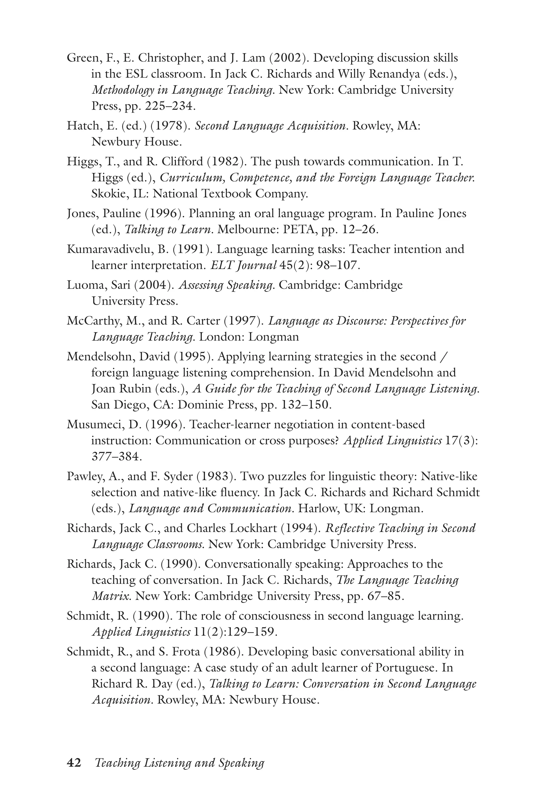 42  Teaching Listening and Speaking
Green, F., E. Christopher, and J. Lam (2002). Developing discussion skills
in the ESL classroom. In Jack C. Richards and Willy Renandya (eds.),
Methodology in Language Teaching. New York: Cambridge University
Press, pp. 225–234.
Hatch, E. (ed.) (1978). Second Language Acquisition. Rowley, MA:
Newbury House.
Higgs, T., and R. Clifford (1982). The push towards communication. In T.
Higgs (ed.), Curriculum, Competence, and the Foreign Language Teacher.
Skokie, IL: National Textbook Company.
Jones, Pauline (1996). Planning an oral language program. In Pauline Jones
(ed.), Talking to Learn. Melbourne: PETA, pp. 12–26.
Kumaravadivelu, B. (1991). Language learning tasks: Teacher intention and
learner interpretation. ELT Journal 45(2): 98–107.
Luoma, Sari (2004). Assessing Speaking. Cambridge: Cambridge
University Press.
McCarthy, M., and R. Carter (1997). Language as Discourse: Perspectives for
Language Teaching. London: Longman
Mendelsohn, David (1995). Applying learning strategies in the second /
foreign language listening comprehension. In David Mendelsohn and
Joan Rubin (eds.), A Guide for the Teaching of Second Language Listening.
San Diego, CA: Dominie Press, pp. 132–150.
Musumeci, D. (1996). Teacher-learner negotiation in content-based
instruction: Communication or cross purposes? Applied Linguistics 17(3):
377–384.
Pawley, A., and F. Syder (1983). Two puzzles for linguistic theory: Native-like
selection and native-like fluency. In Jack C. Richards and Richard Schmidt
(eds.), Language and Communication. Harlow, UK: Longman.
Richards, Jack C., and Charles Lockhart (1994). Reflective Teaching in Second
Language Classrooms. New York: Cambridge University Press.
Richards, Jack C. (1990). Conversationally speaking: Approaches to the
teaching of conversation. In Jack C. Richards, The Language Teaching
Matrix. New York: Cambridge University Press, pp. 67–85.
Schmidt, R. (1990). The role of consciousness in second language learning.
Applied Linguistics 11(2):129–159.
Schmidt, R., and S. Frota (1986). Developing basic conversational ability in
a second language: A case study of an adult learner of Portuguese. In
Richard R. Day (ed.), Talking to Learn: Conversation in Second Language
Acquisition. Rowley, MA: Newbury House.
 