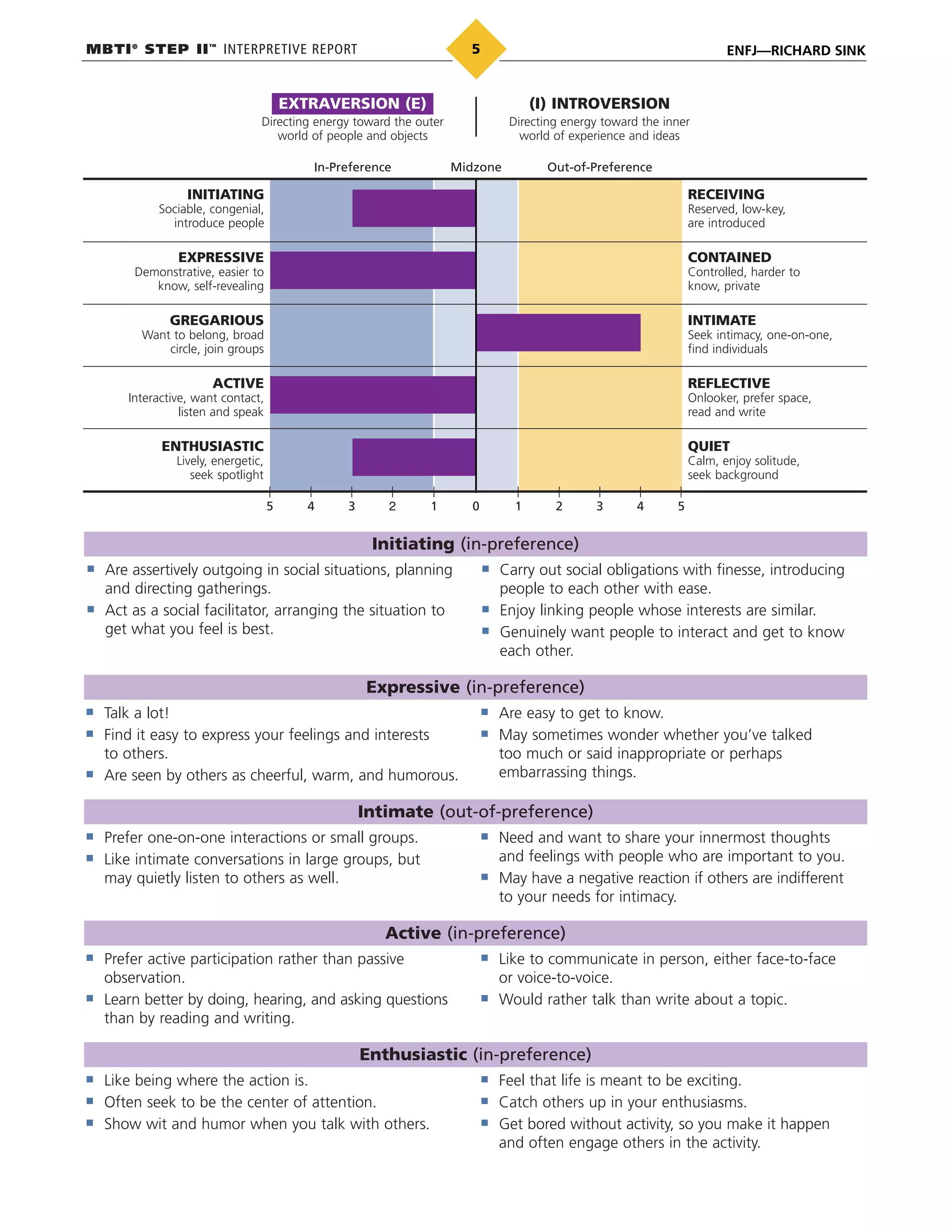 MBTI®
STEP II™
INTERPRETIVE REPORT ENFJ—RICHARD SINK5
INITIATING
Sociable, congenial,
introduce people
EXPRESSIVE
Demonstrative, easier to
know, self-revealing
GREGARIOUS
Want to belong, broad
circle, join groups
ACTIVE
Interactive, want contact,
listen and speak
ENTHUSIASTIC
Lively, energetic,
seek spotlight
RECEIVING
Reserved, low-key,
are introduced
CONTAINED
Controlled, harder to
know, private
INTIMATE
Seek intimacy, one-on-one,
find individuals
REFLECTIVE
Onlooker, prefer space,
read and write
QUIET
Calm, enjoy solitude,
seek background
In-Preference Midzone Out-of-Preference
5 4 3 2 1 0 1 2 3 4 5
EXTRAVERSION (E)
Directing energy toward the outer
world of people and objects
(I) INTROVERSION
Directing energy toward the inner
world of experience and ideas
Initiating (in-preference)
Are assertively outgoing in social situations, planning
and directing gatherings.
Act as a social facilitator, arranging the situation to
get what you feel is best.
Carry out social obligations with finesse, introducing
people to each other with ease.
Enjoy linking people whose interests are similar.
Genuinely want people to interact and get to know
each other.
Expressive (in-preference)
Talk a lot!
Find it easy to express your feelings and interests
to others.
Are seen by others as cheerful, warm, and humorous.
Are easy to get to know.
May sometimes wonder whether you’ve talked
too much or said inappropriate or perhaps
embarrassing things.
Intimate (out-of-preference)
Prefer one-on-one interactions or small groups.
Like intimate conversations in large groups, but
may quietly listen to others as well.
Need and want to share your innermost thoughts
and feelings with people who are important to you.
May have a negative reaction if others are indifferent
to your needs for intimacy.
Active (in-preference)
Prefer active participation rather than passive
observation.
Learn better by doing, hearing, and asking questions
than by reading and writing.
Like to communicate in person, either face-to-face
or voice-to-voice.
Would rather talk than write about a topic.
Enthusiastic (in-preference)
Like being where the action is.
Often seek to be the center of attention.
Show wit and humor when you talk with others.
Feel that life is meant to be exciting.
Catch others up in your enthusiasms.
Get bored without activity, so you make it happen
and often engage others in the activity.
 