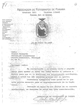 Richards letter of recognition from assoc of photographers of panama may 1964
