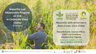 Impactful and
Measurable Progress
on CSA
in Corporate Value
Chains
Workshop
27-28 March 2018Smarter Metrics Workshop | Burlington 1
MEASURING GHG MITIGATION IN
AGRICULTURAL VALUE CHAINS
Meryl Richards- Science Officer,
CCAFS Low Emissions
Development Flagship
meryl.richards@uvm.edu
Day 2 | 28 March 2018 08:45
 