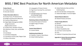 BISG / BNC Best Practices for North American Metadata
Product Record
01. Product Identifier
02. Barcode Indicator
Product Description (Block 1)
03. Product Form / PF-Detail Format
04. Weight and Dimensions (Measure)
05. Country of Manufacture
06. Digital Rights Management (DRM)
/Usage Constraints
/Digital product license
07. Product Parts / Number of Pieces
08. Collections: Series, Sets, and Bundles
09. Title
10. Contributor
11. Contributor Biography
12. Contributor Country Code / Region Code
13. Edition Information
Tech Forum 2021 #TechForum Questions? standards@booknetcanada.ca
14. Language(s) of Product Content
15. Page Count, Running Time, and Extent
16. Subjects
17. Intended Audience for Product
(Including Age Range)
18. Leveling / complexity
Marketing Collateral Detail (Block 2)
19. Textual Description of Content
20. Digital Image of Product
21. Prizes
Content Detail (Block 3)
22. Content Details
Publishing Detail (Block 4)
23. Publisher / Imprint / Brand Name
24. Global Publishing Status
25. Global Publication Date and Other
Publishing Dates
26. Strict On Sale Date / Embargo Date
27. Global Sales Rights / Territorial Rights
Related Material (Block 5)
28. Related Products and works
Product Supply (Block 6)
29. Markets
30. Distributor / Vendor of Record
31. Return Code
32. Product Availability Code
33. Case Pack / Carton Quantity
34. Price
35. Publisher’s Proprietary Discount Code
Appendix A: General Recommendations
for Data Recipients
 