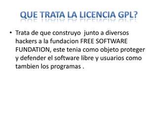 • Trata de que construyo junto a diversos
  hackers a la fundacion FREE SOFTWARE
  FUNDATION, este tenia como objeto proteger
  y defender el software libre y usuarios como
  tambien los programas .
 